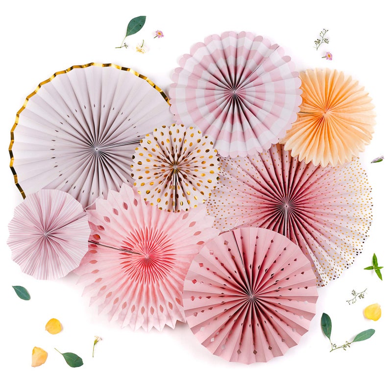 PapaKit Origami Wall Decoration Set (8 Assorted Round Paper Fans) Birthday Party Baby Shower Wedding Events Decor | Creative Art Design Pattern (Sparkling Pink Rose Blush  8 Piece Set) - Image 1